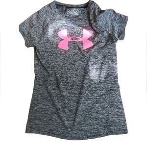 Under Armour Kids Heather Gray Tee with Pink Logo